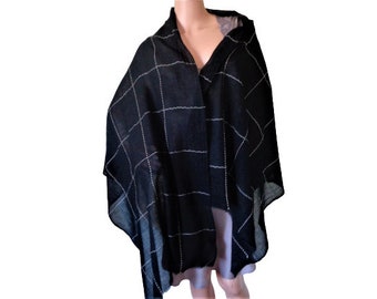 Black Wool Shawl, Geometric Pattern, Extra Large Scarf, Challis Wool Shawl, Huge Lightweight Wrap, Vintage Women Scarves