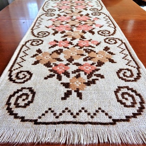 Vintage Long Floral Embroidered Table Runner, Beige Pink Brown Table Scarf, Dresser Scarf