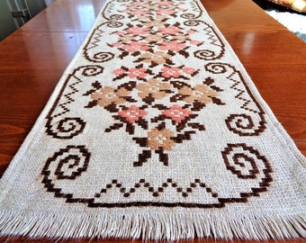 Vintage Long Floral Embroidered Table Runner, Beige Pink Brown Table Scarf, Dresser Scarf