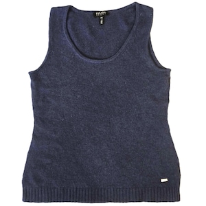 Vintage Escada Women Sweater, Blue Knit Angora Wool Tank Top, Sleeveless Women&#39;s Knitwear