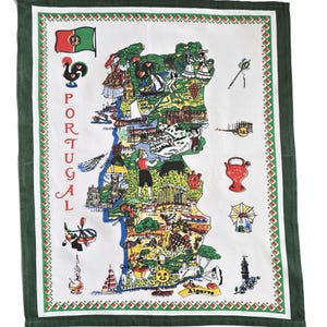 Vintage Portugal Souvenir Cloth Tea Towel with Portuguese Map Traditional Rooster Lisbon Figueira Landmarks Colorful Green Kitchen Linens