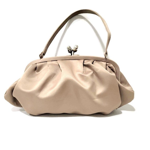 Vintage Laura ASHLEY Handbag Taupe Beige Glossy Pleated Cloth Purse With Frame Rhinestone Kiss Lock Retro Small Bag Etsy