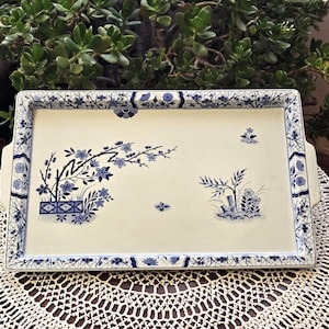 Antique U C Sarreguemines Damas Rectangular Porcelain Serving Tray Late 1800s Floral Pattern Blue White French Faience Transferware