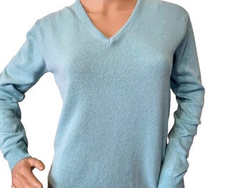 Cashmere Silk Wool Jumper Women Top V Neck Sky Blue Soft Blouse Warm Lightweight Sweater Vintage Cashmere Clothing S / M