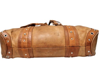 Tan Brown Leather Drawstring Bucket Shoulder Bag, Tassels Purse