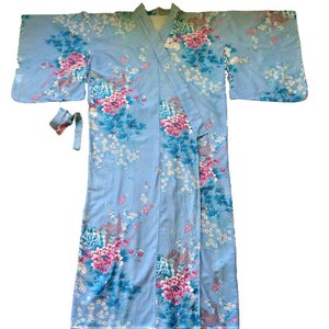 Japanese Kimono Robe, Women&#39;s Dressing Gown, Blue Floral, Yukata Cotton Bathrobe, Made in Japan