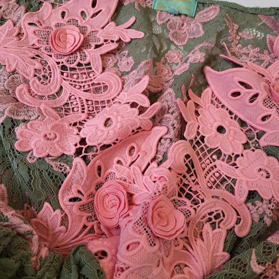 Vintage Italian Lace Dress, Pink Green with Roses… - image 6