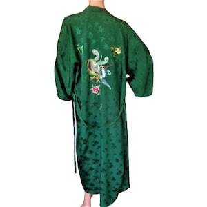 Silk Kimono Robe, Green Damask Silk Dressing Gown, Hand Embroidery, Vintage Kimono Dress