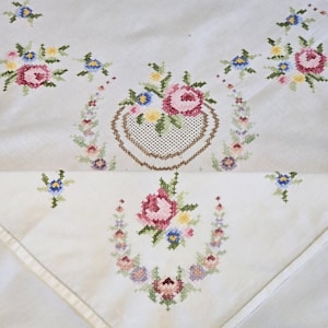 Può includere: Tovaglia color crema con ricami floreali a punto croce. Il design presenta bouquet di fiori rosa, blu e gialli, disposti in un cestino a forma di cuore e sparsi sul tessuto. I bordi sono rifiniti con un bordo bianco.