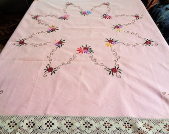 Vintage Pink Tablecloth with Crochet Trim, Embroidered Table Cover, Square Table cloth