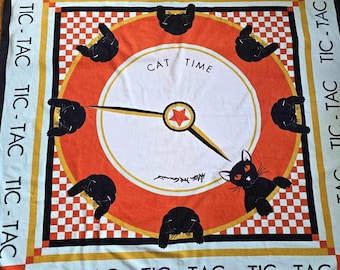 Vintage Hilton Mc Connico Signed Cat Clock Towel 1970s Pop Art De Witte Lietaer Belgian Cotton Terry Beach Bath Graphic Wall Textile Large