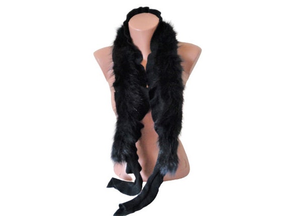 Knit Fur Scarf, Real Fox Fur Black Knitted Scarf,… - image 3