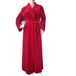 Vintage 1970s Red Velvet Robe, Maxi Women Dressing Gown, Courtaulds England, Shawl Collar House Dress with Belt and Pockets