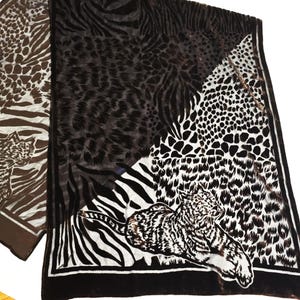 Bufanda de terciopelo desgastado, bufanda de seda marrón con estampado de leopardo, pañuelo largo para mujer, chal de noche
