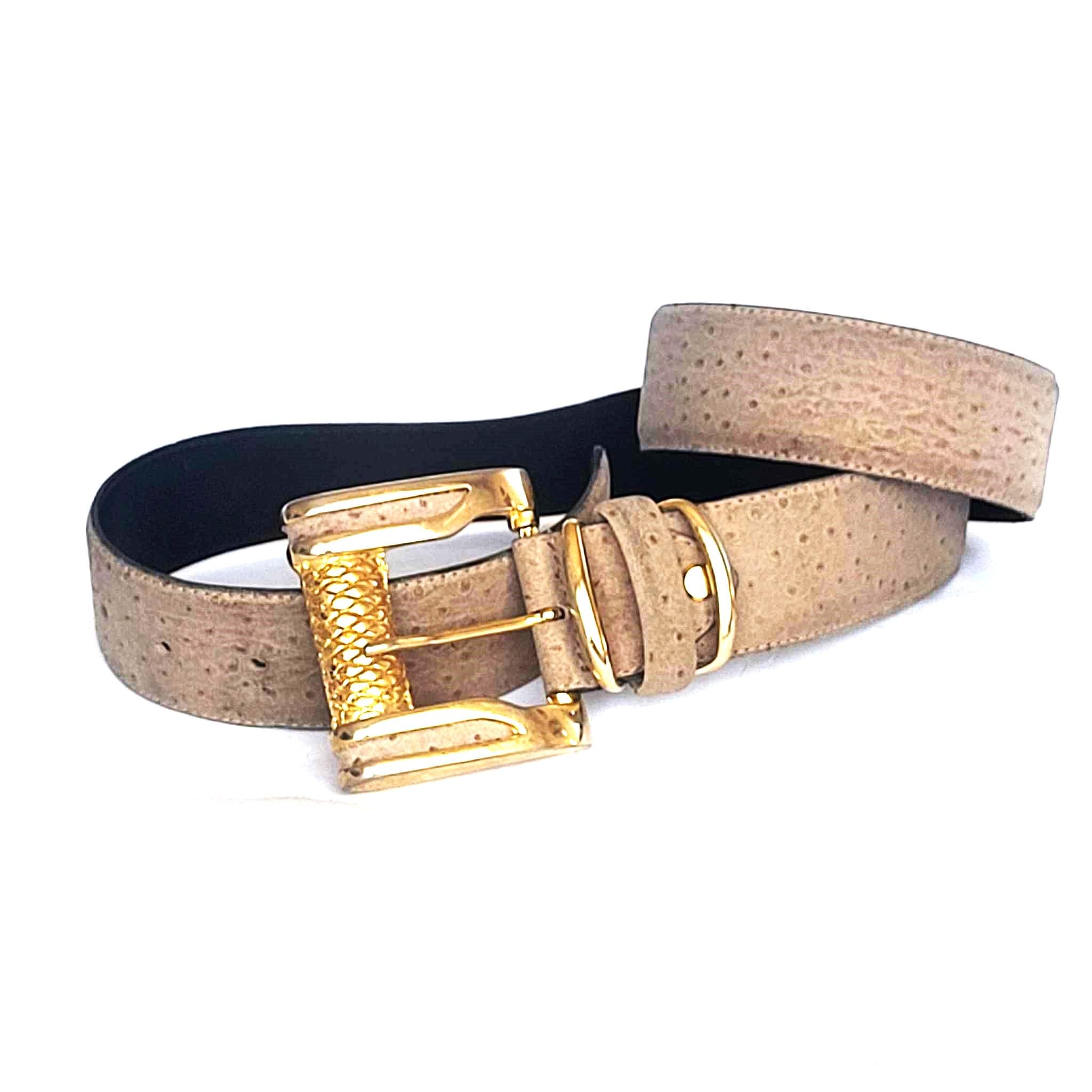 Vintage 1980s 1990s Ostrich Leather Belt Beige Exotic Design 