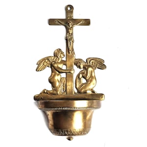 Vintage Brass Holy Water Font Jesus Cross Angel Ornate Wall Mounted Benitier Religious Decor Home Entryways Prayer Areas Church Blessings