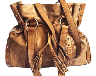 Tan Brown Leather Drawstring Bucket Shoulder Bag, Tassels Purse, Marta Ponti, Vintage Italian Leather Handbag