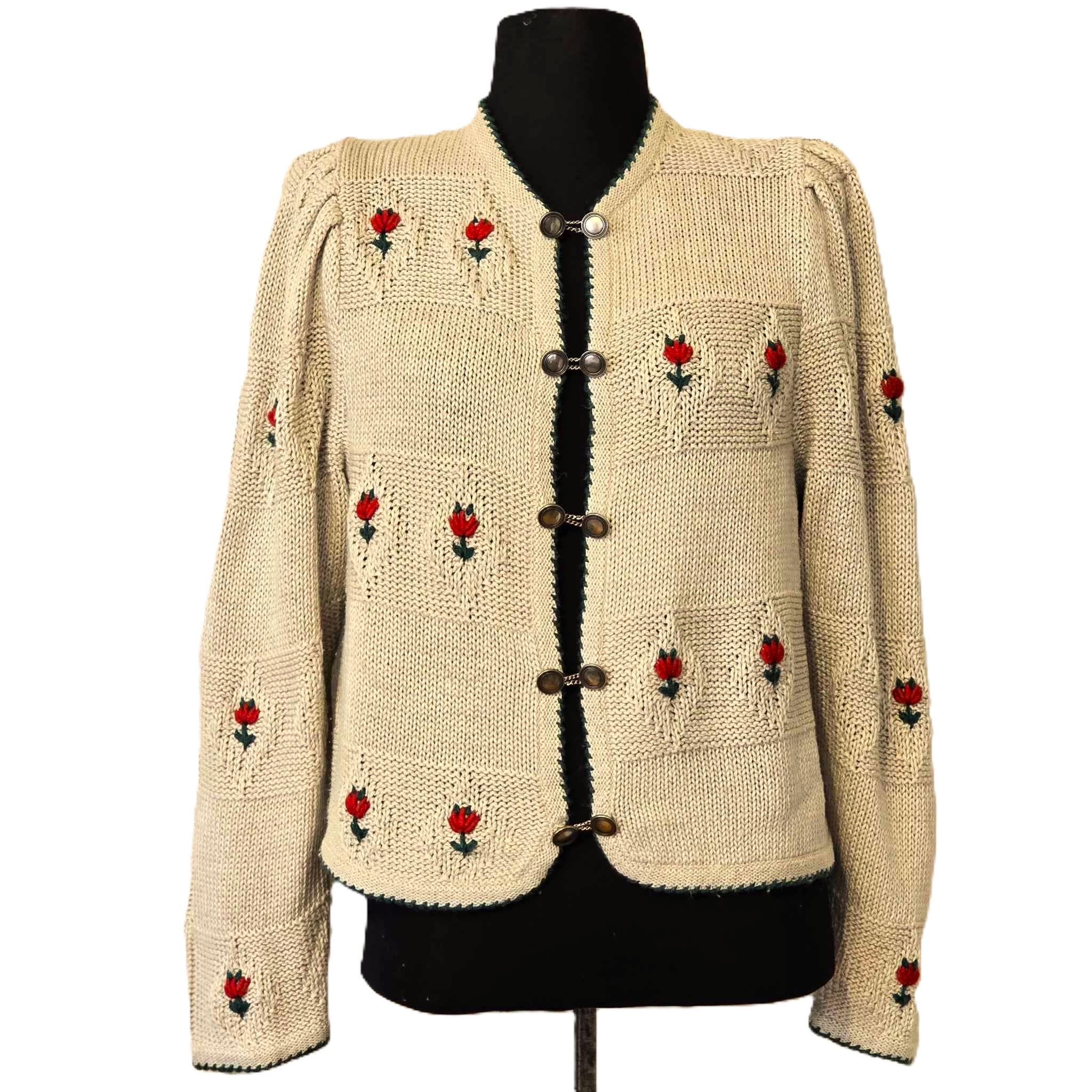Sigi Scheider Vintage Women Cardigan Austrian Off White Beige Linen Cotton Sweater Red Green Embroidery Puff Sleeves Metal Chain Button