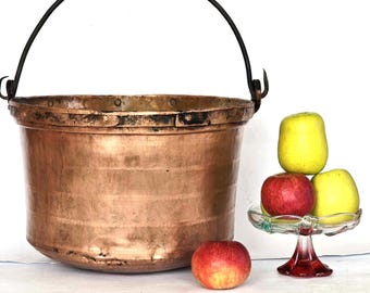 Giant Antique Hand Hammered Copper Cauldron Wrought Iron Handle Fireplace Kettle Outdoor Hearth Cooking Dyeing Soap Making Primitive Decor
