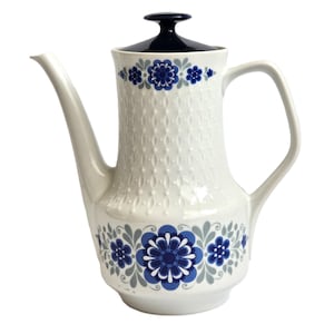 Cafetera de cerámica vintage, jarra con tapa, estilo floral azul y blanco de Mitterteich Bavaria, década de 1970