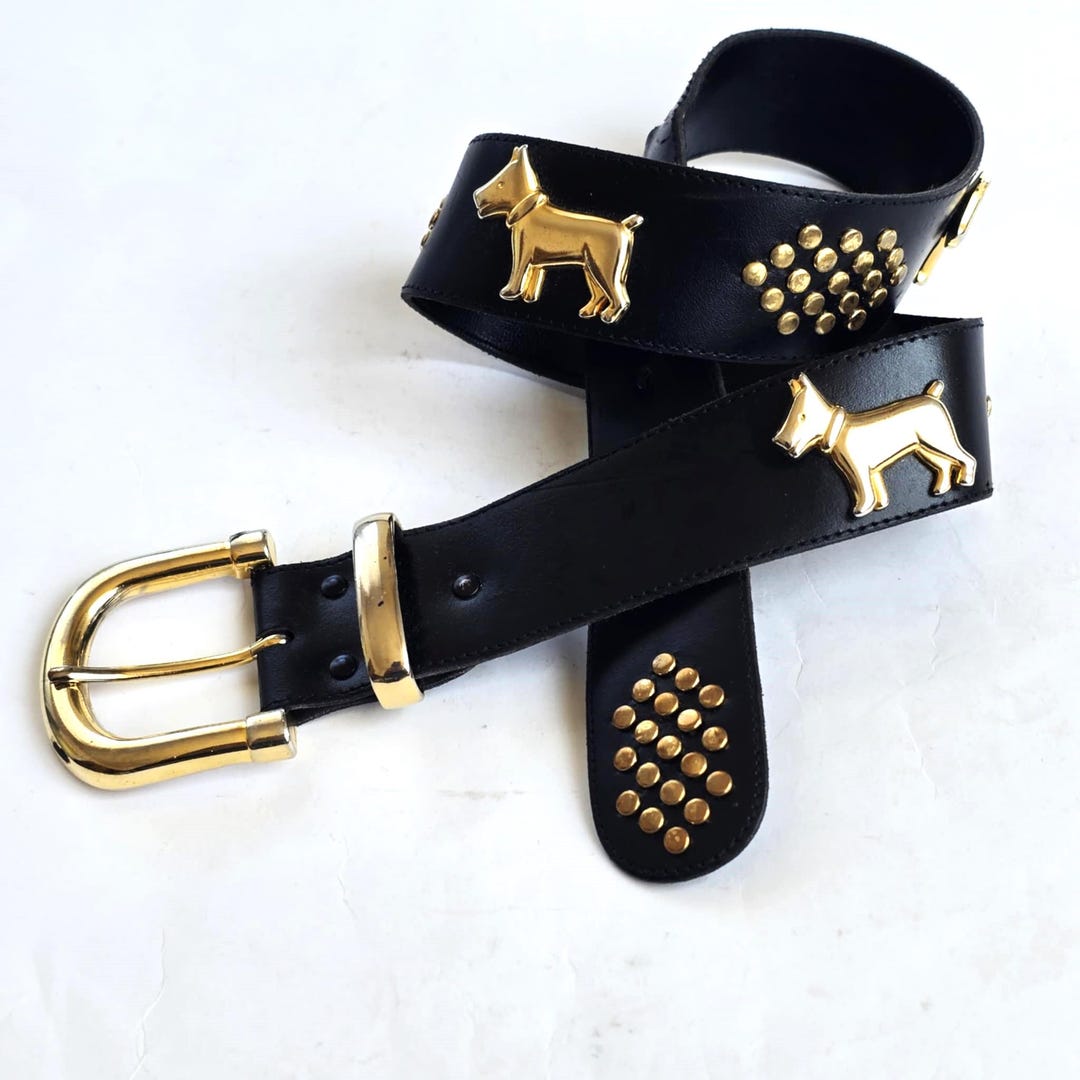 Vintage Creation Kawi Austrian Leather Belt, Black With Gold Dog
