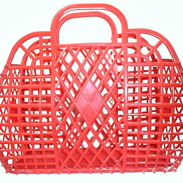 Panier en plastique vintage sac de plage d'été rouge PVC gelée sac à main sac à main rétro marché sac à provisions 60 s 70 s milieu du siècle moderne