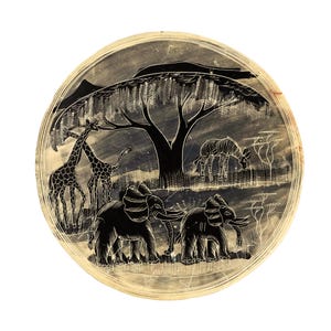 Vintage Kenyan Soapstone Plate African Wildlife Safari Design with Elephant Giraffe Zebra Blue Fish Back Mombasa Jambo Kenya Souvenir 1996