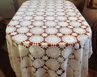 Large White Tablecloth 92'' Hand Crochet Lace Rectangle Table Cloth Vintage Table Cover