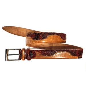 Paolo da Ponte Äkta Läderbälte Vintage Brunt Präglat Patchwork Design För Herrar Dam Klassiskt Rustikt Västerländskt Italienskt Tillverkat Storlek 95