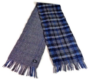 Long Wool Scarf, Blue Gray Check Scarf, Plaid Scarf, Tartan Winter Scarf