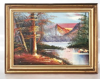 風景の小さな油絵、山の川の絵、小さな壁アートの絵、額入り