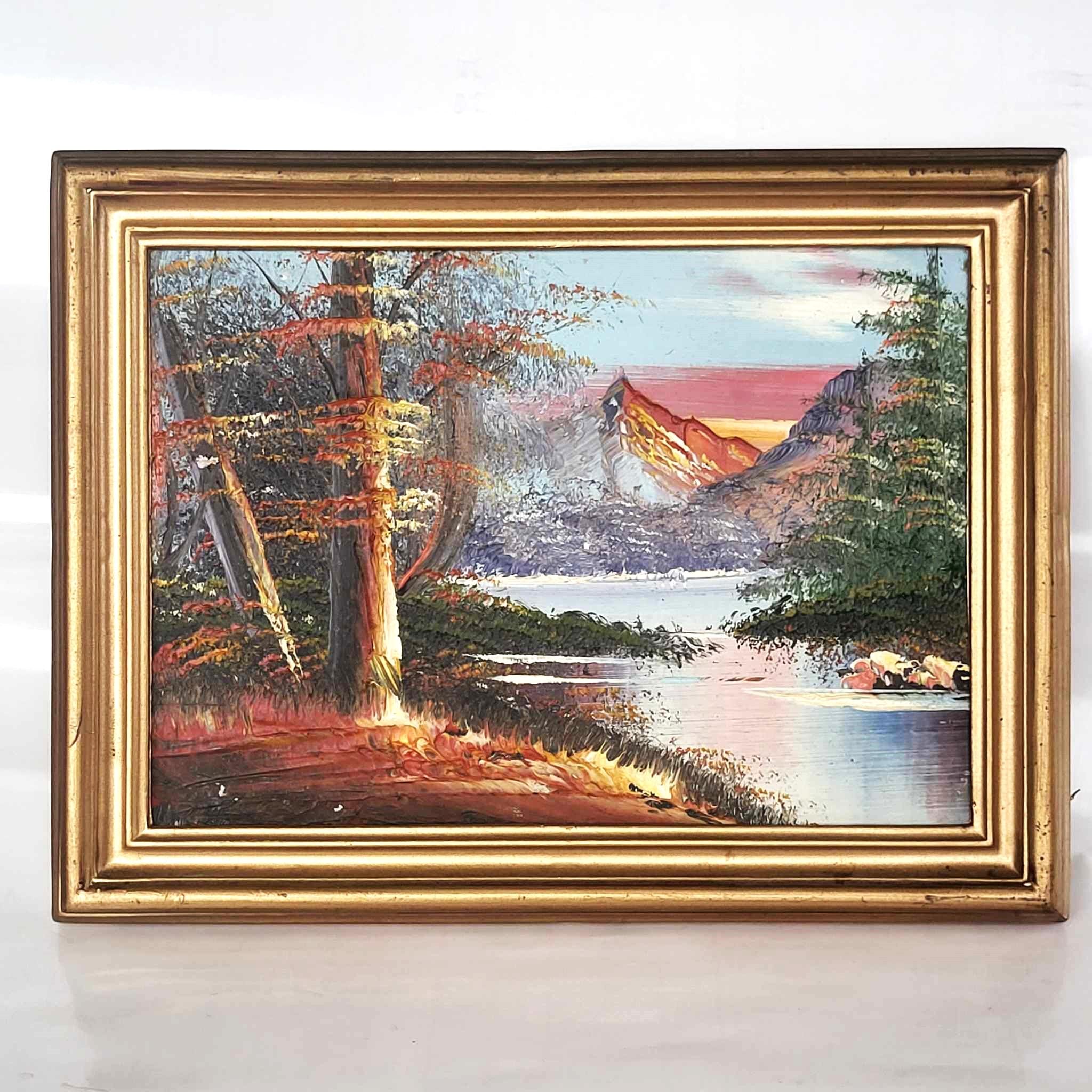 絵画　油絵　120cm×80cm　ヴィンテージ　レトロ　額　山、川のほとり 絵画 油絵 120cm×80cm ヴィンテージ レトロ 額 山、川のほとり 風景画