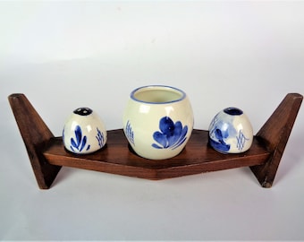 Salt Pepper Shakers and Mustard Pot with Wooden Stand, Delft Holland Pottery, Egg Shaped, Easter Table Decor