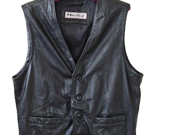 Henry Morell Vintage Men Black Leather Vest Size XL/50 Genuine