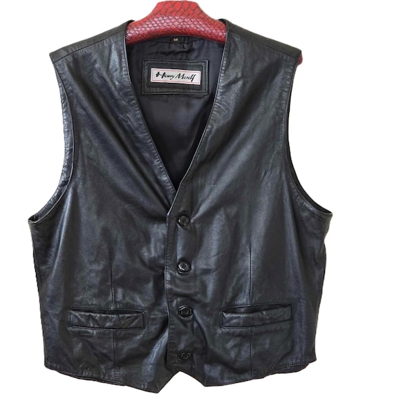 Henry Morell Vintage Men Black Leather Vest Size XL/50 Genuine