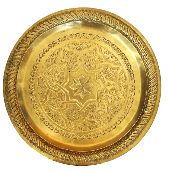 Hand Etched Vintage Moroccan Brass Tray Fes Artisan Handcrafted