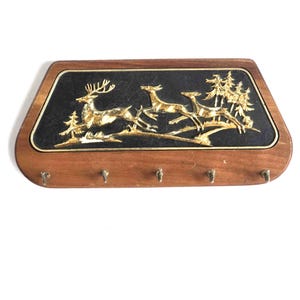 Vintage Wooden Wall Key Holder with Plastic Deer Decoration, Entryway Home Decor, Made in USSR in 60s