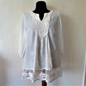 White Lace Tunic, Lace Crochet Top, Lace Ruffle Blouse, Summer Women Top, Romantic Blouse, Size L