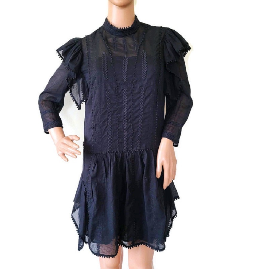 Isabel Marant etoile ヴィンテージレースドレス Isabel Marant Ruffled Black Dress Embroidered Lace Cotton Gauze