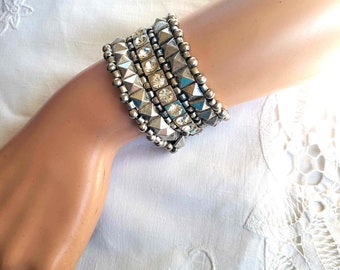 Vintage Steampunk Women Bracelet Silver Plated Elastic Shiny Crystal bangle Danish Modern Fashion Jewelry