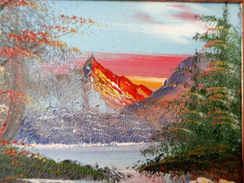風景の小さな油絵、山の川の絵、小さな壁アートの絵、額入り