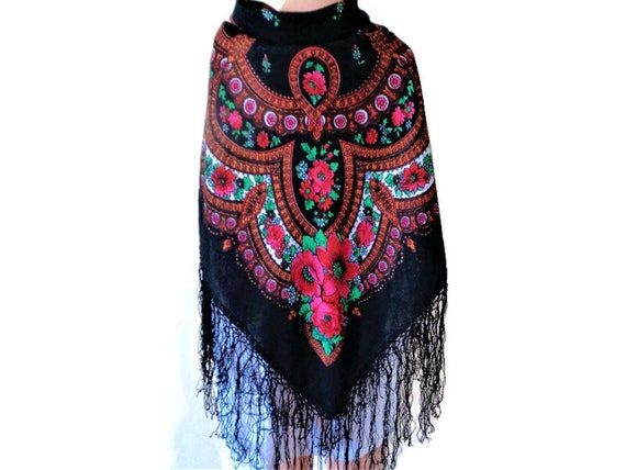 Russian Scarf, Pavlovsky Posad Shawl, Wool Fringe… - image 4