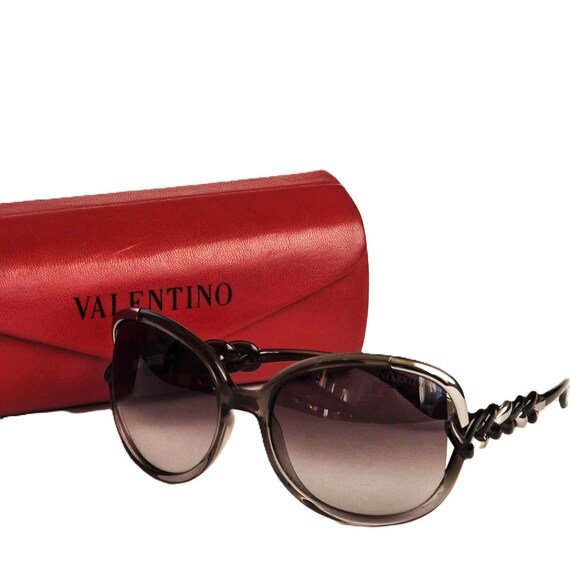 Vintage Valentino Garavani Luxury Sunglasses Dark Gray Frame with Silver Tone Accent Braided Temple Iconic Red Leather Case Designer Eyewear