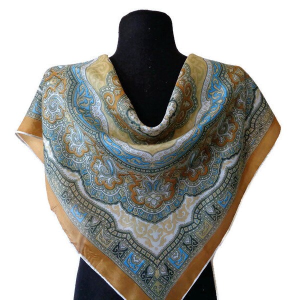 Vintage Silk Scarf with Paisley Print, Mustard Blue Head Scarf, Hand rolled