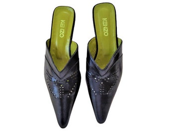 KENZO Sandals, Pointed Toe Summer Mules, Black Leather Sandals, Flat Upper Sandals Shoes, French Womens Footwear, Size EU 38 / US 7.5