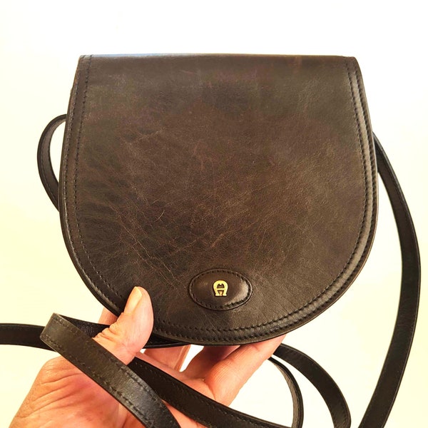 Vintage Saddle Bag Etienne AIGNER Women Crossbody Black Genuine Leather Logo Purse Satchel Shoulder Bag Long Handle Handbag