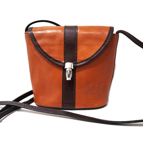 Women Tan Brown Leather Crossbody Bag Purse Small Smooth Leather Shoulder Handbag Vintage, Vera Pelle Made in Italy