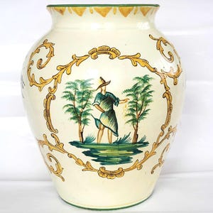 Antique Italian Ceramic Pottery Vase, Glazed Hand Painted Country Scene, Traditional Folk Art Italy