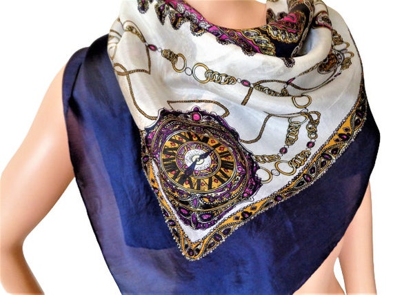 Baroque Silk Scarf, Royal Blue Head Scarf, Chain … - image 5