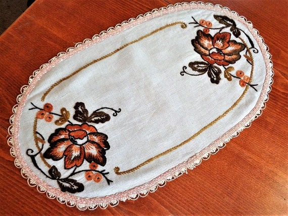 Oval Linen Doily, Floral Embroidered Table Scarf, Small Table